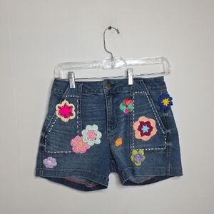 Level 99 Crochet Floral Embroidered Jean Shorts, Hippie , Boho Sz 26